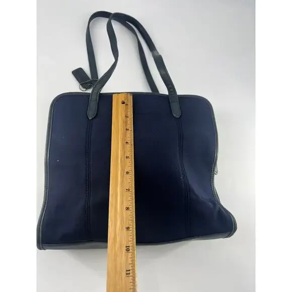 Vintage Coach Navy Blue Tote Bag Stretch Fabric Shoulder Purse Zipper Pockets - Picture 5 of 16